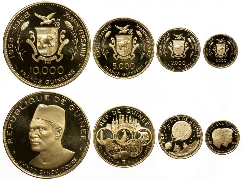 GUINEA: Republic, 4-coin gold proof set, 1969, KM-PS3, 10th Anniversary of Indep...