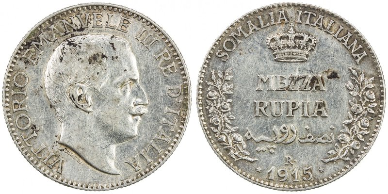 ITALIAN SOMALILAND: Vittorio Emanuele III, 1900-1946, AR ½ rupia, 1915-R, KM-5, ...