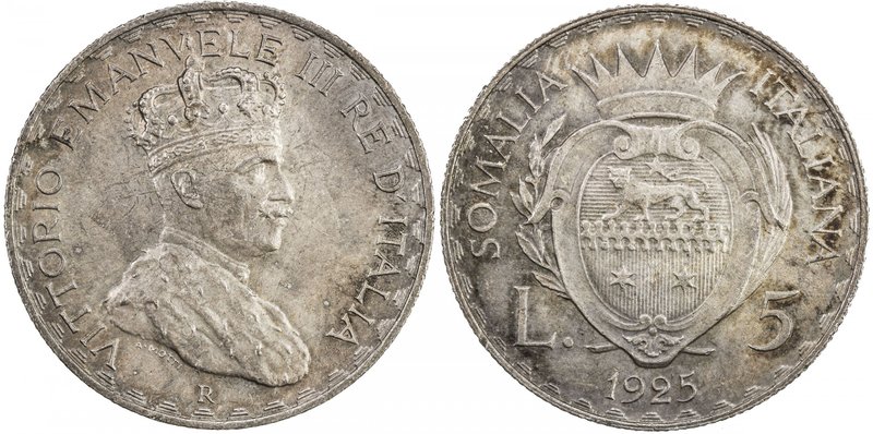 ITALIAN SOMALILAND: Vittorio Emanuele III, 1900-1946, AR 5 lire, 1925-R, KM-7, c...