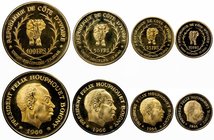 IVORY COAST: Republic, 4-coin proof set, 1966, KM-PS1, Félix Houphouët-Boigny portrait // elephant at center, with 10, 25, 50, and 100 francs gold coi...