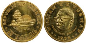 LIBERIA: Republic, AV 25 dollars, 1965-B, KM-21, Fr-3, AGW 0.6746, honoring the 70th Birthday of William V. S. Tubman // view of Providence Island, BU...