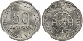 ST. THOMAS & PRINCE: Portuguese Colony, 1493-1975, 50 centavos, 1948, KM-8, great luster, one-year type, NGC graded MS66.

 Estimate: USD 125 - 175