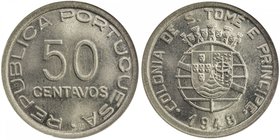 ST. THOMAS & PRINCE: Portuguese Colony, 1493-1975, 50 centavos, 1948, KM-8, great luster, one-year type, NGC graded MS65. Tied for 2nd finest graded a...