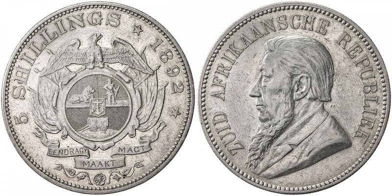 SOUTH AFRICA: Zuid-Afrikaansche Republiek, AR 5 shillings, 1892, KM-8.2, double ...