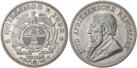 SOUTH AFRICA: Zuid-Afrikaansche Republiek, AR 5 shillings, 1892, KM-8.2, double shaft on wagon tongue, VF-EF.

 Estimate: USD 130 - 170