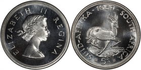 SOUTH AFRICA: Elizabeth II, 1952-1961, AR 5 shillings, 1959, KM-52, blast white, mintage of only 2,200 pieces, PCGS graded ProofLike UNC PL-67, S. 
...
