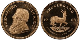 SOUTH AFRICA: Republic, AV krugerrand, 1968, KM-73, bust of Paul Kruger left // Springbok bounding right, rare date and more so in frosted proof, mint...