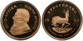 SOUTH AFRICA: Republic, AV krugerrand, 1969, KM-73, bust of Paul Kruger left // Springbok bounding right, rare date and more so in proof, PCGS graded ...