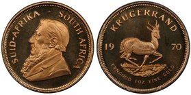 SOUTH AFRICA: Republic, AV krugerrand, 1970, KM-73, bust of Paul Kruger left // Springbok bounding right, rare date in proof with original case of iss...