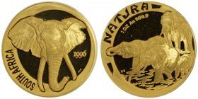 SOUTH AFRICA: Republic, AV 1 ounce, 1996, KM-204, Natura Gold Monarchs of Africa series with male elephant's head facing // herd of four elephants dri...