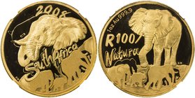 SOUTH AFRICA: Republic, AV 100 rand, 2008, KM-450, one troy ounce pure gold, Natura Giants of Africa series, left three-quarter view of elephant above...
