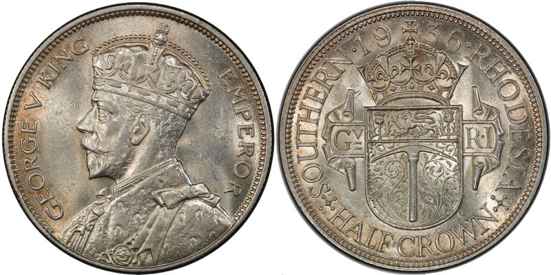 SOUTHERN RHODESIA: George V, 1910-1936, AR halfcrown, 1936, KM-5, PCGS graded MS...