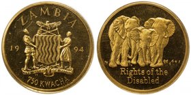 ZAMBIA: Republic, AV 750 kwacha, 1994, KM-224, one troy ounce pure gold, Fundamental Rights Series - Rights of the Disabled, three elephants, struck a...