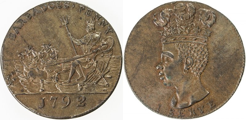 BARBADOS: AE penny token, 1792, KM-Tn10, AU. Phillip Gibbs commissioned copper h...