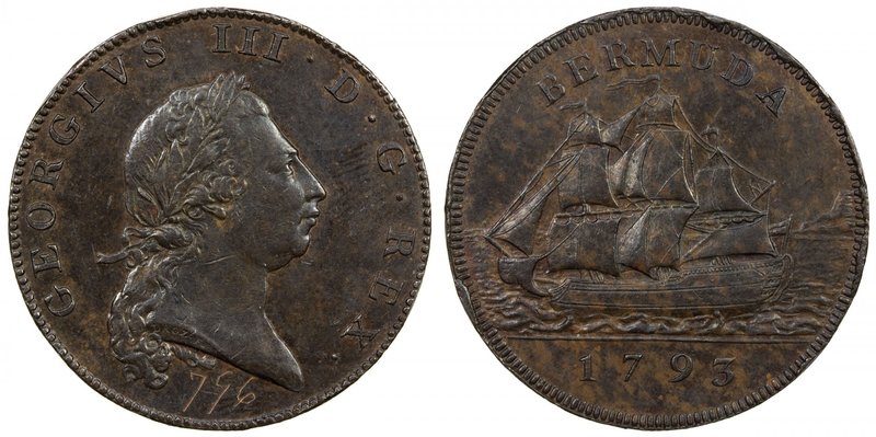 BERMUDA: George III, 1760-1820, AE penny, 1793, KM-5, incuse DROZ.F on truncatio...
