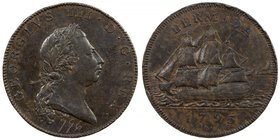 BERMUDA: George III, 1760-1820, AE penny, 1793, KM-5, incuse DROZ.F on truncation of bust right // 3-masted sailing ship, incuse number "796" engraved...