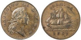 BERMUDA: George III, 1760-1820, AE penny, 1793, KM-5, Prid-5, variety with double pennant, a few small rim cuds, one-year type, EF-AU.

 Estimate: U...