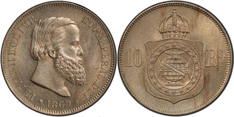 BRAZIL: Pedro II, 1831-1889, 10 reis, 1869, KM-Pn133, light area of scratches on...