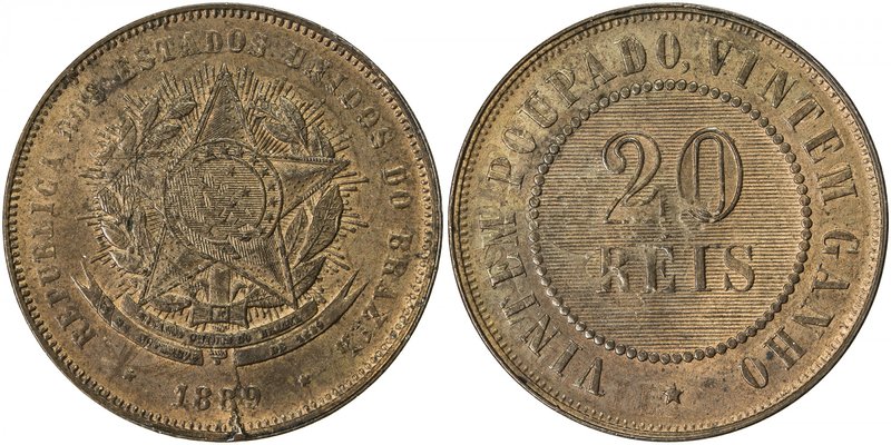 BRAZIL: Republic, AE 20 reis, 1889, KM-490, overstruck on KM-474 Imperial 20 rei...