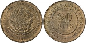 BRAZIL: Republic, AE 20 reis, 1889, KM-490, overstruck on KM-474 Imperial 20 reis of Pedro II, AU.

 Estimate: USD 75 - 100
