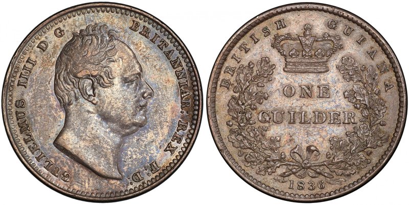 BRITISH GUIANA: William IV, 1831-1836, AR guilder, 1836, KM-713, PCGS graded AU5...
