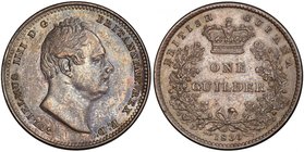 BRITISH GUIANA: William IV, 1831-1836, AR guilder, 1836, KM-713, PCGS graded AU53. In 1831, the administration Essequibo-Demerary and Berbice was comb...