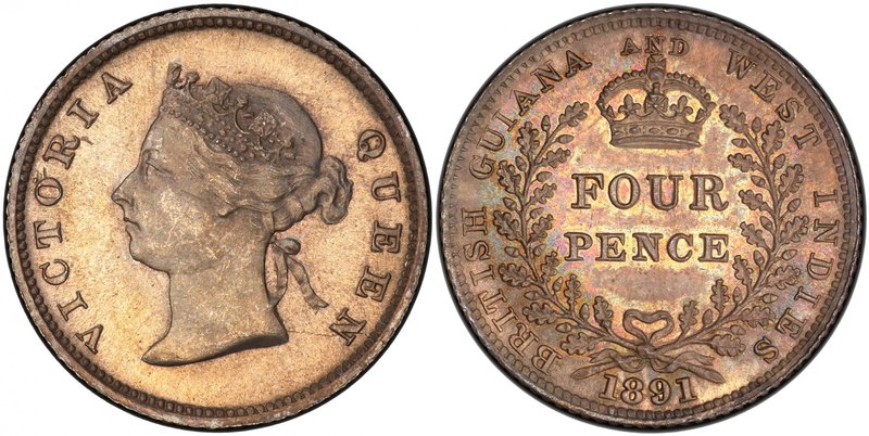 BRITISH GUIANA: Victoria, 1837-1901, AR 4 pence, 1891, KM-26, an exceptional qua...