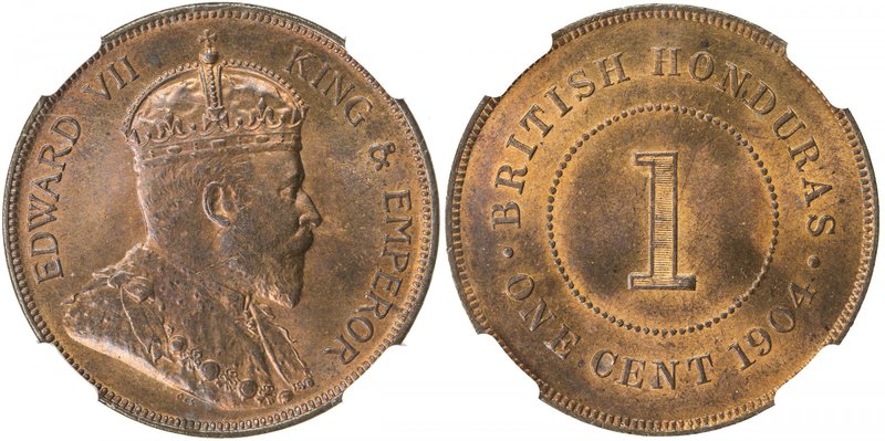 BRITISH HONDURAS: Edward VII, 1901-1910, AE cent, 1904, KM-11, NGC graded MS64 R...