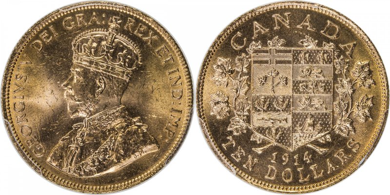 CANADA: George V, 1910-1936, AV 10 dollars, 1914, KM-27, PCGS graded MS64, ex Ca...
