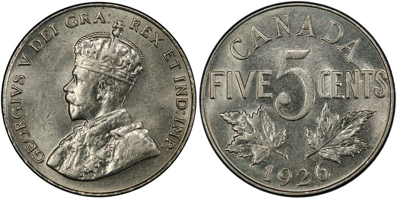 CANADA: George V, 1910-1936, 5 cents, 1926, KM-29, near 6 variety, PCGS graded M...