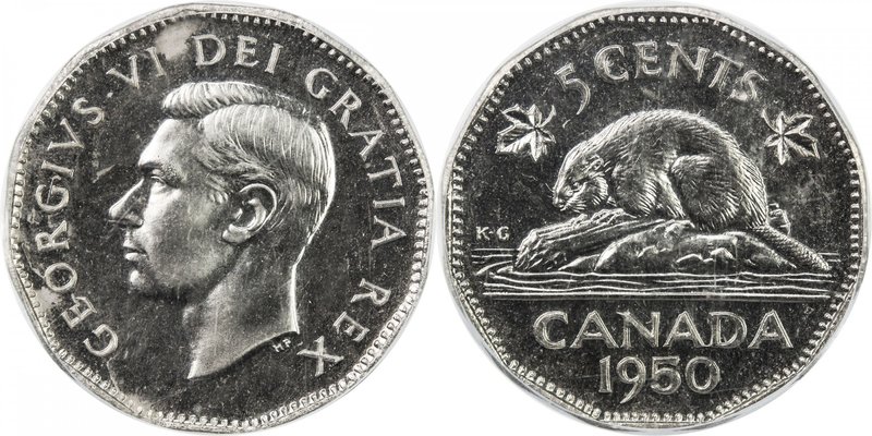 CANADA: George VI, 1936-1952, 5 cents, 1950, KM-42, PCGS graded Specimen 64.

...