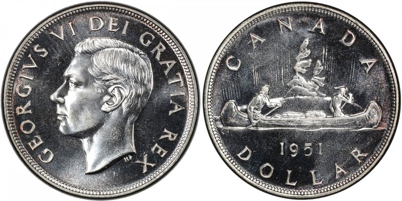 CANADA: George VI, 1936-1952, AR dollar, 1951, KM-46, full water lines, repunche...