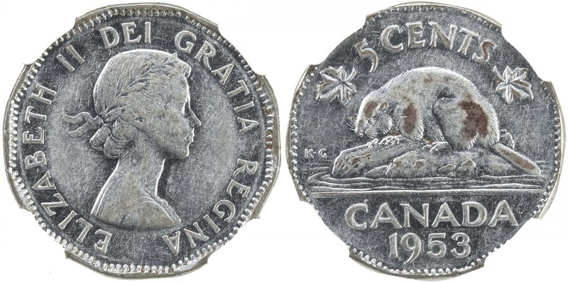 CANADA: Elizabeth II, 1952-, 5 cents, 1953, KM-50, with shoulder fold, far leaf,...
