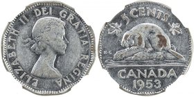 CANADA: Elizabeth II, 1952-, 5 cents, 1953, KM-50, with shoulder fold, far leaf, very rare variety, NGC graded AU50, RR. In 1951, during the Korean Wa...