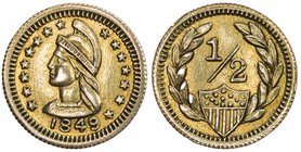 CANADA: AV ½ dollar token (0.59g), 1849, Greene-110, Athenian helmeted head facing left, eight five-pointed, stars in front and seven behind, date bel...