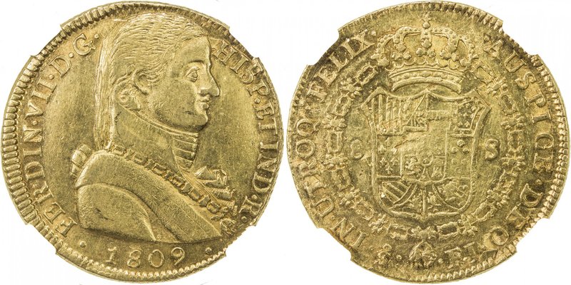 CHILE: Fernando VII, 1808-1818, AV 8 escudos, 1809-So, KM-72, mintmaster FJ, lus...