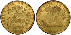 CHILE: Republic, AV 8 escudos, 1835-So, KM-93, assayer IJ; coat of arms // hand pledging on the constitution, PCGS graded AU58+, S. Finest and only pi...