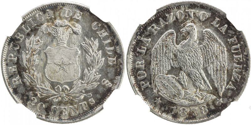 CHILE: Republic, AR 20 centavos, 1878-So, KM-138.1, boldly struck with mottled, ...