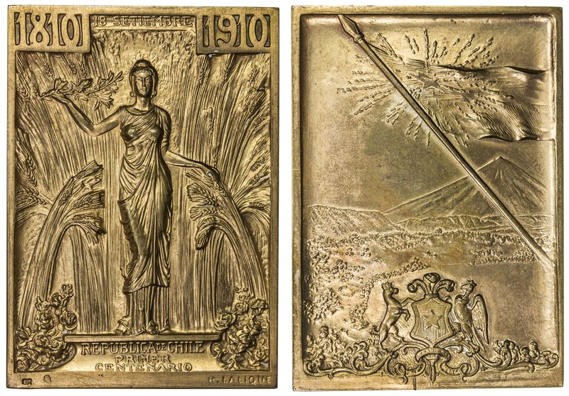 CHILE: Republic, AV plaque (85.57g), 1910, MeF 487, 60x43mm gold plaque for the ...