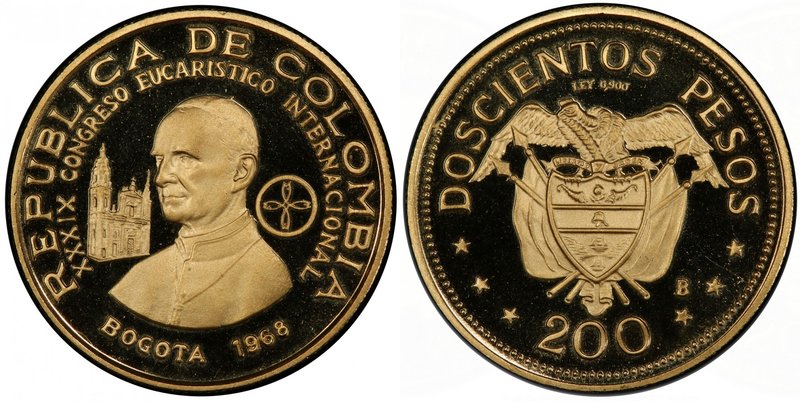COLOMBIA: Republic, AV 200 pesos, 1968, KM-232, 39th International Eucharistic C...