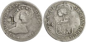COSTA RICA: Republic, AR 2 reales, ND [1845], KM-43var, Type III countermark on 1810AI Madrid 4 reales (KM-540.1) with additional Cuban lattice counte...
