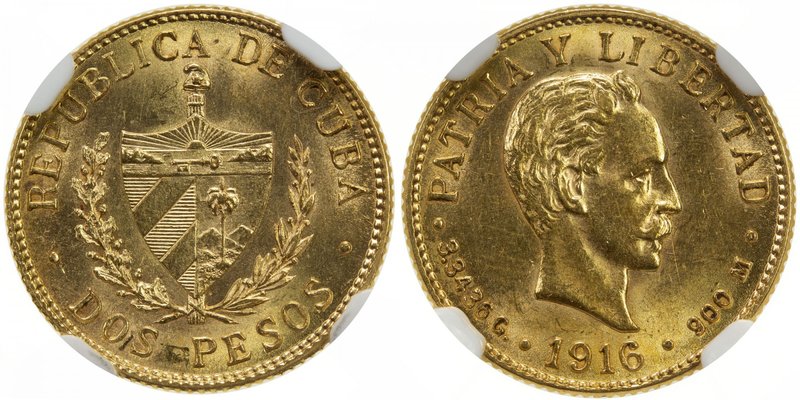 CUBA: Republic, AV 2 pesos, 1916, KM-17, Fr-6, fully lustrous, two-year type, NG...