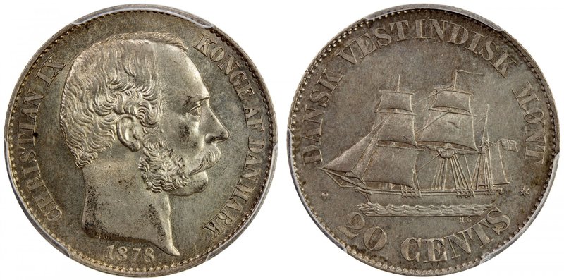 DANISH WEST INDIES: Christian IX, 1863-1906, AR 20 cents, 1878, KM-71, an attrac...