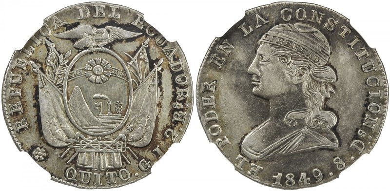 ECUADOR: Republic, AR 2 reales, 1849, KM-33, assayer GJ, hairlines (insignifican...