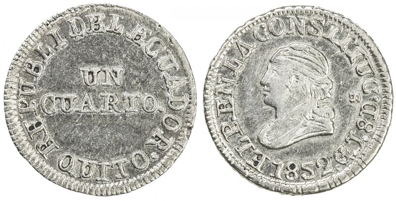 ECUADOR: Republic, AR ¼ real, Quito, 1852, KM-36, AU.

 Estimate: USD 150 - 25...