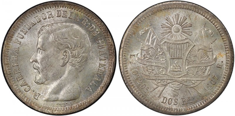 GUATEMALA: Republic, AR 2 reales, 1867-R, KM-142, assayer R, lightly toned, PCGS...