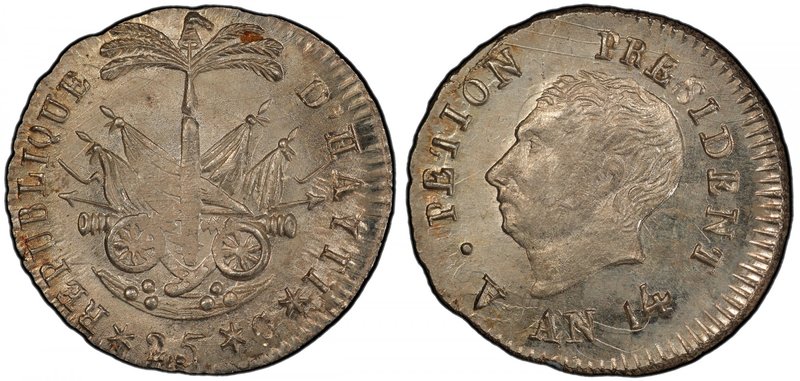 HAITI: Western Republic, 1807-1818, AR 25 centimes, AN 14 (1817), KM-15.2, a fan...