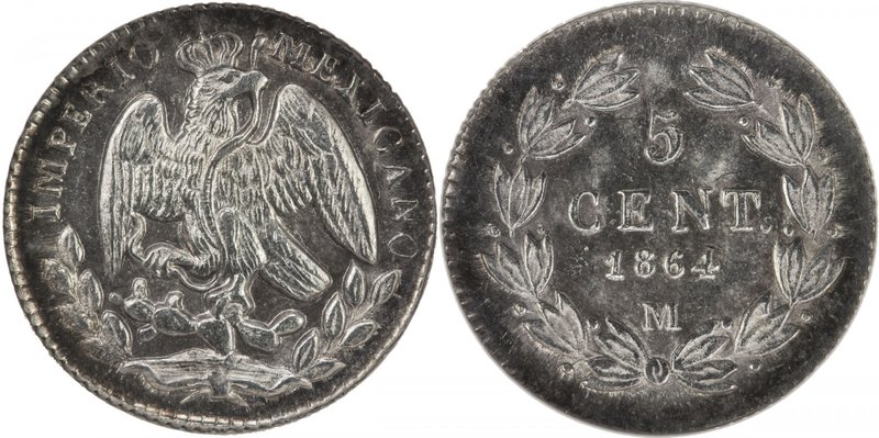 MEXICO: Maximiliano, 1864-1867, AR 5 centavos, 1864-M, KM-385.1, attractive ligh...