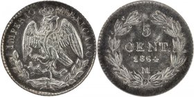 MEXICO: Maximiliano, 1864-1867, AR 5 centavos, 1864-M, KM-385.1, attractive light tone and underlying luster, NGC graded MS64.

 Estimate: USD 225 -...