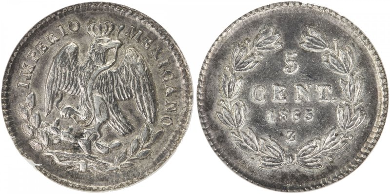 MEXICO: Maximiliano, 1864-1867, AR 5 centavos, 1865-Z, KM-385.3, one-year subtyp...